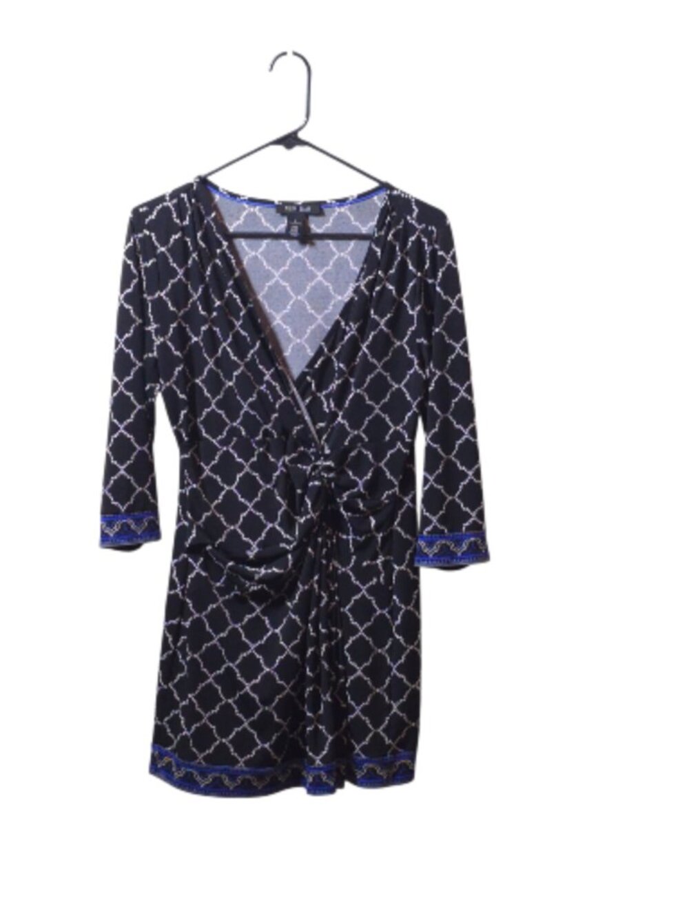 WHBM White House Black Market Wrap Dress Medium Black Blue Geometric Tie Waist